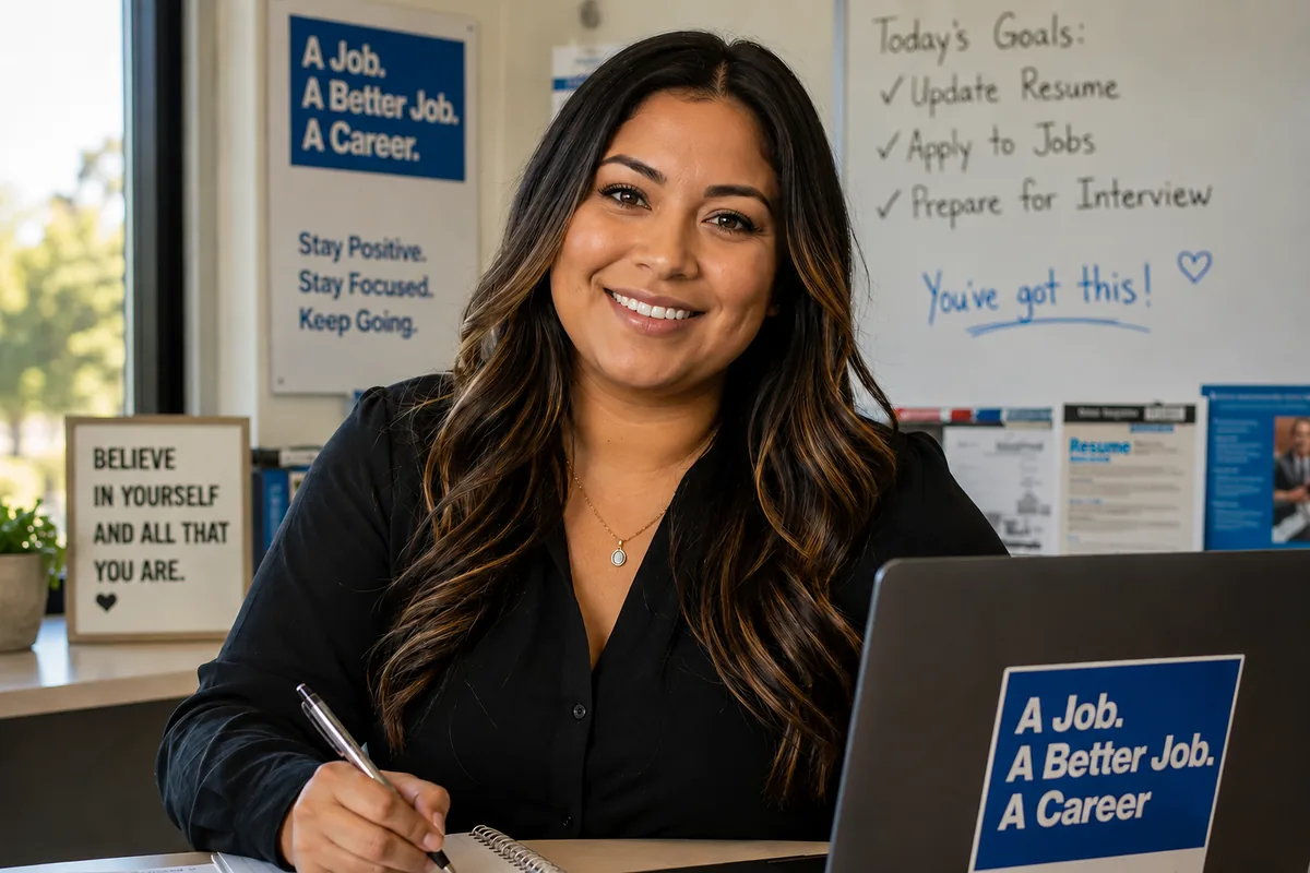 A smiling woman writes in a notebook at a desk with a laptop, seated in front of a whiteboard listing the day's job search goals.
