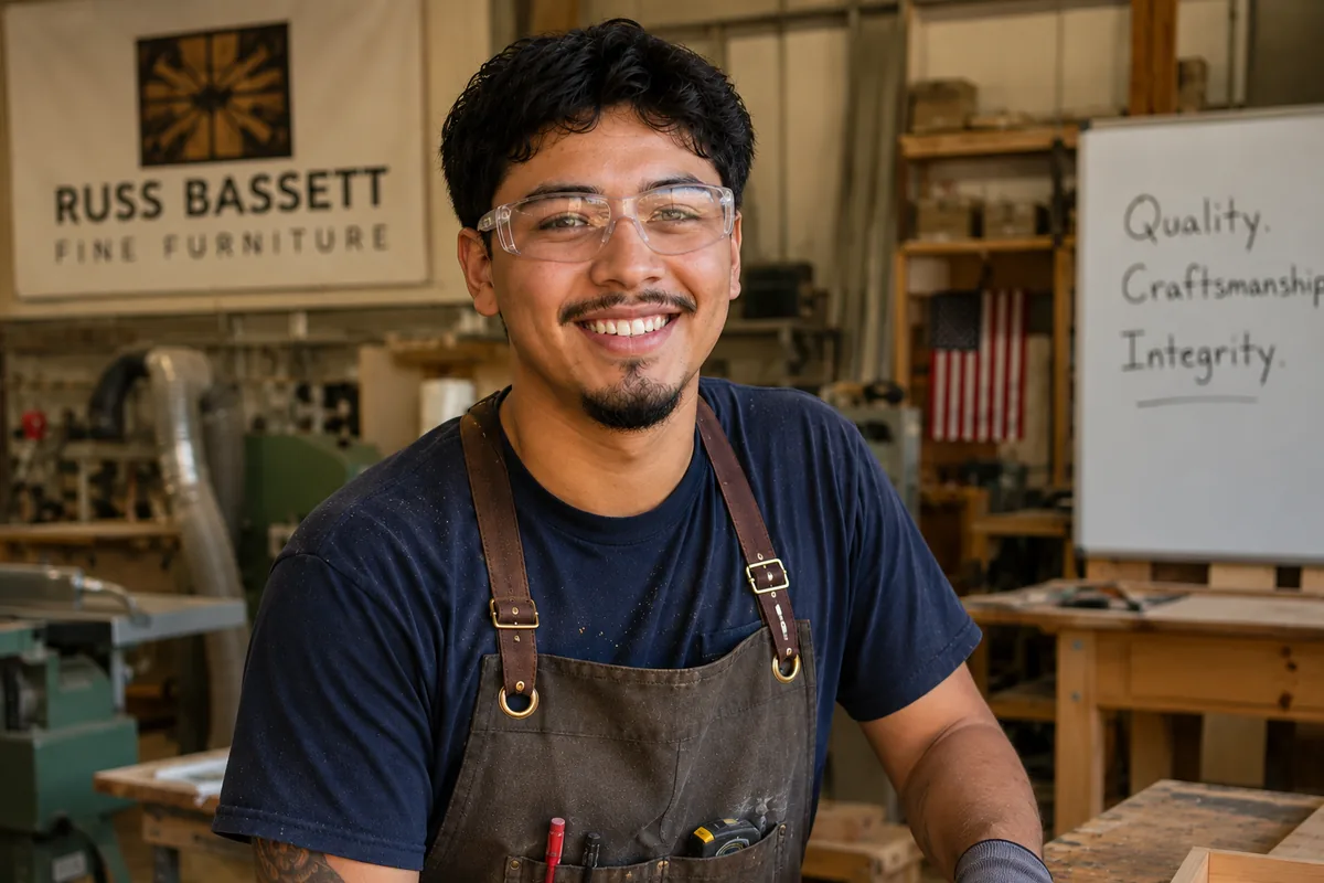 A young man in safety glasses and a leather work apron smiles in a woodshop, with the Russ Bassett Fine Furniture sign and a whiteboard reading Quality, Craftsmanship, Integrity behind him.