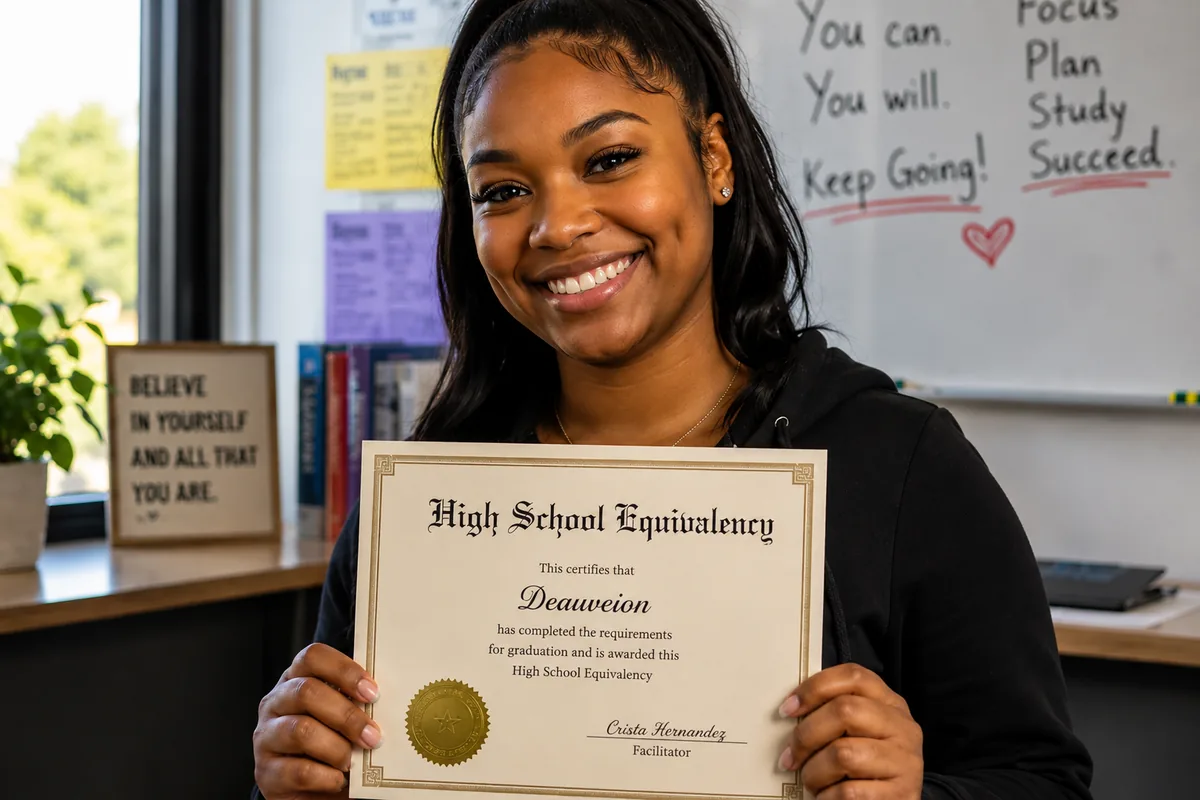A smiling young woman in a black hoodie holds up her High School Equivalency certificate in a classroom, an encouraging message written on the whiteboard behind her.